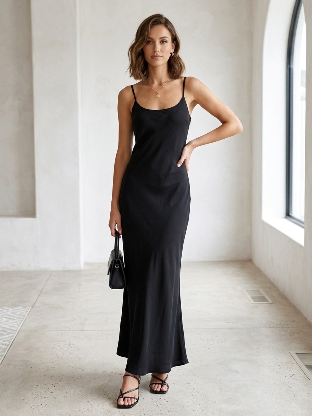 Classic Black Slip Maxi Dress with Adjustable Straps Size XL Minimalist Feminine